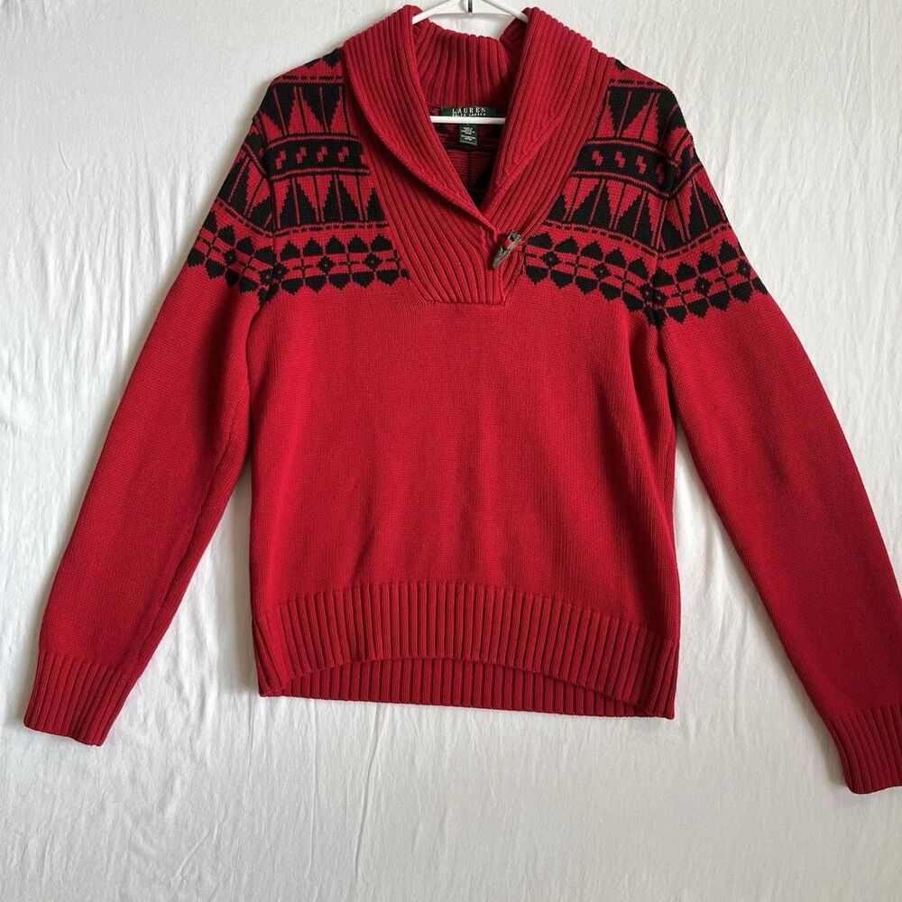 Vintage Ralph Lauren Sweater Womens Large Red Shawl Neck Pullover Fair Isle